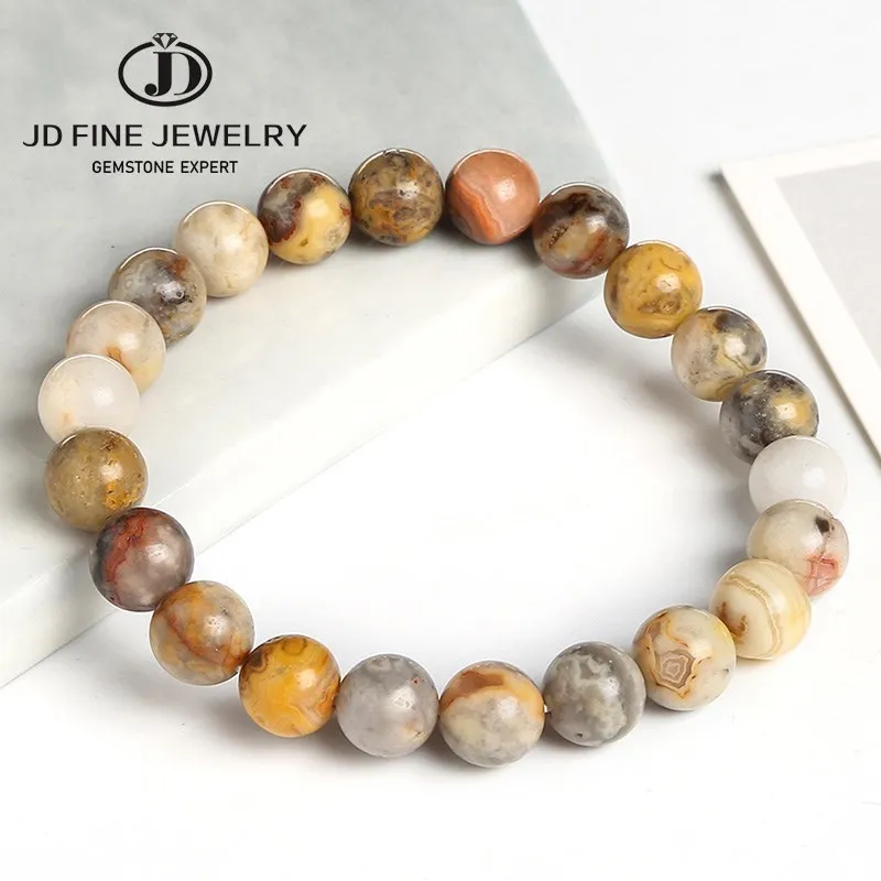 JD 8mm Natural Stone Yellow Crazy Lace Agates Round Beads Bracelet  Nice Gift For Women Men High Quality Elastic Bracelet