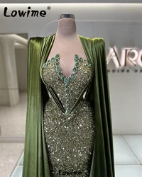 Dubai Long Cape Sleeves Arabic Evening Dress Rhinestone Luxury Mermaid Velvet Women Middle East Party Dress Sequins Prom Dresses