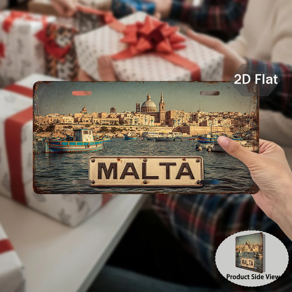 2D Flat Vintage Malta Harbor Cityscape Fishing Boat Mediterranean Coastal Scene License Plate Style Aluminum Metal Painting Wall