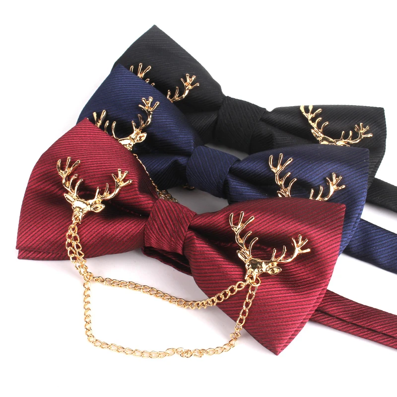 

British Men's Wedding Bow Tie Solid Color Deer Head Chain Double Layer Korean Business Banquet Cocktail Party Suit Groom Bowtie