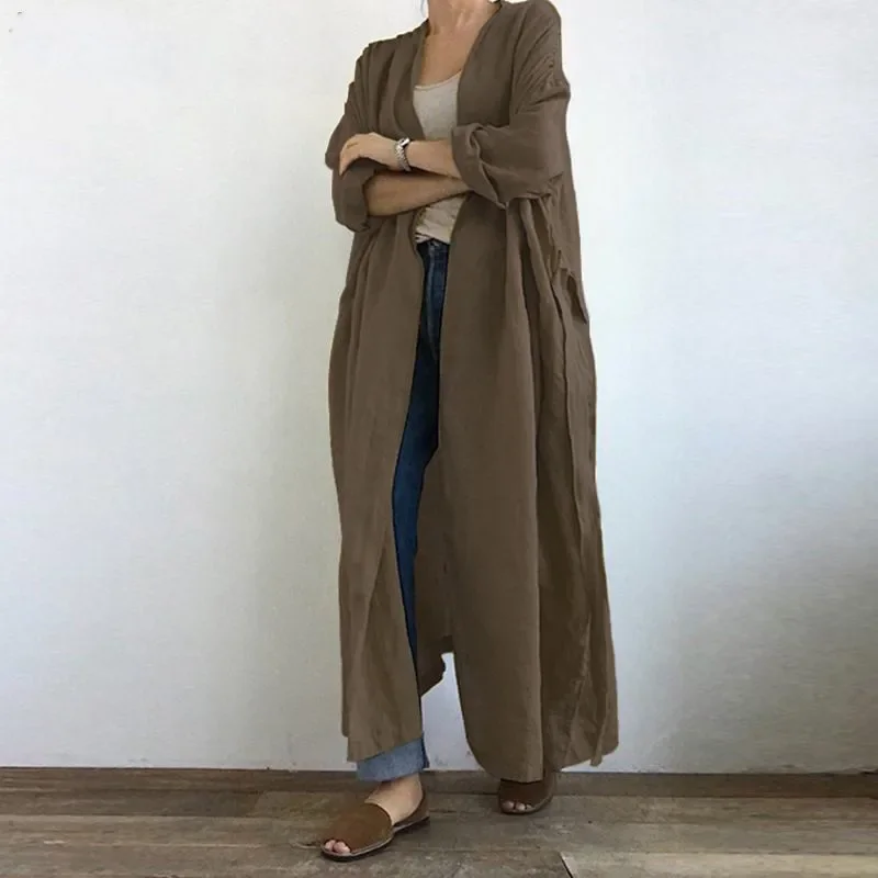 Ankle Length Trench Long Sleeve V Neck Open Stitch Outerwear Solid Loose Fit Cardigan Jackets Sashes Basics 2024 Pockets