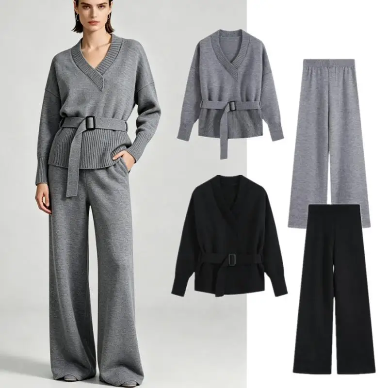 Maxdutti Southern French Minimalist Lazy Slim Waistband Cinched Cardigan Sweater Knitted Jacket Wide Leg Pants Set Women's Suit