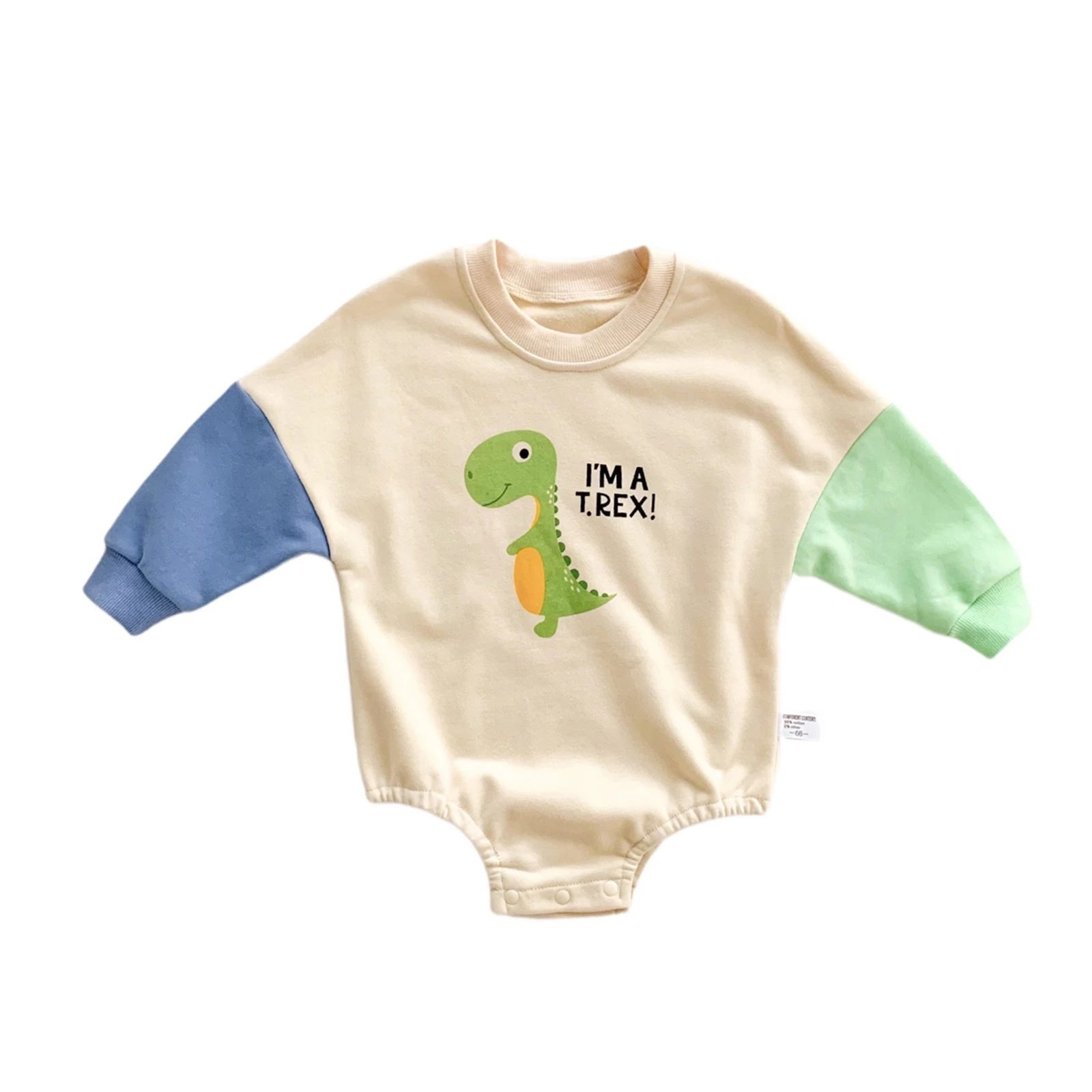 

Baby Girl Boy Romper, Long Sleeve Round Neck Cartoon Dinosaur Print Crotch Buttons Warm Jumpsuit