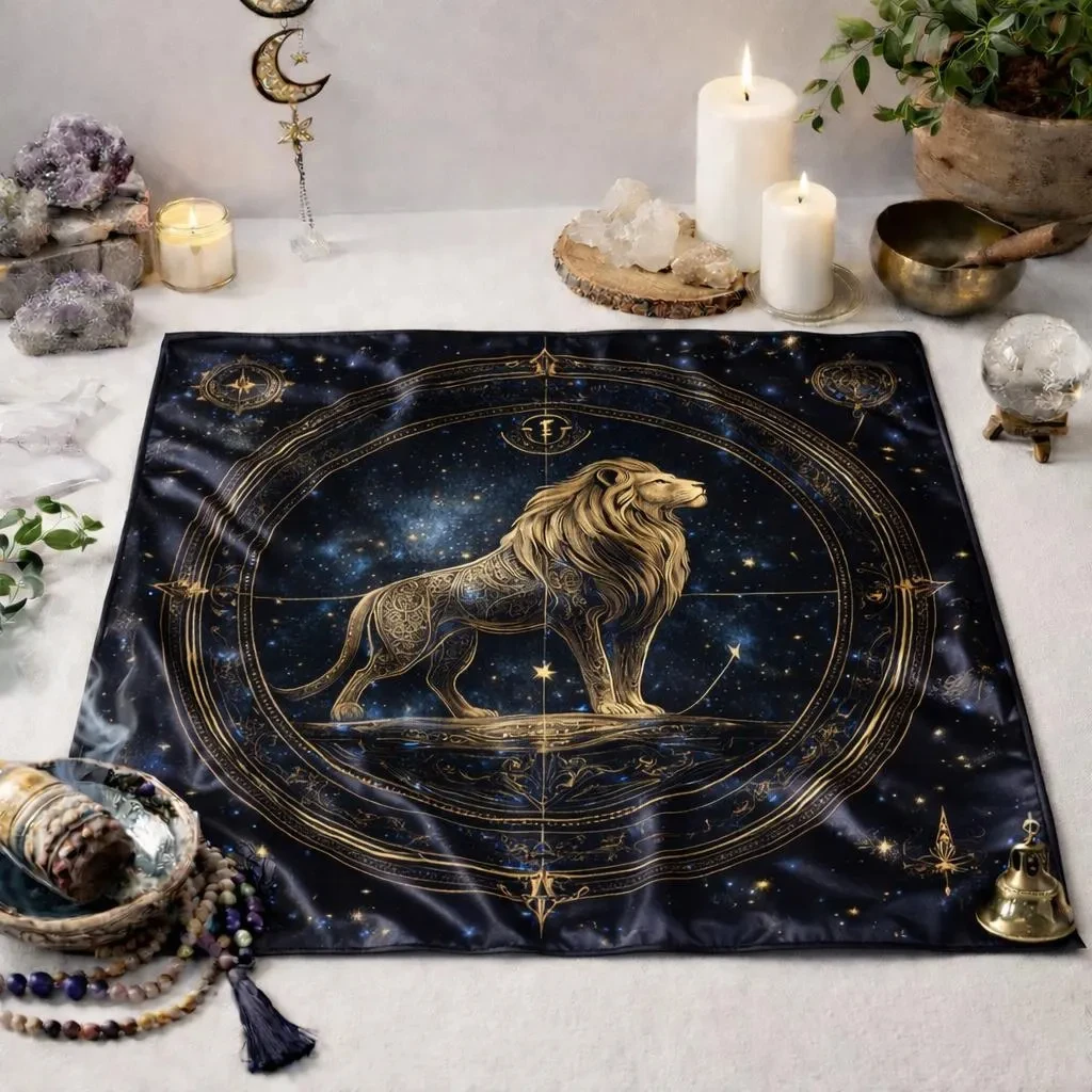 50/75/110/137cm Leo Zodiac Tarot Altar Cloth Golden Lion Astrology Divination Mat Boho Witchy Tablecloth Flat Print Mat