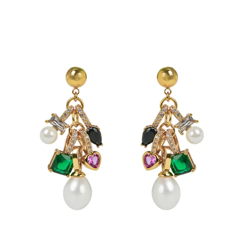 

French Retro Senior Sense Heavy Industry Multi Shapes Colorful Zircon Earrings Fresh Water Pearl Charms Dangle Earrings Female