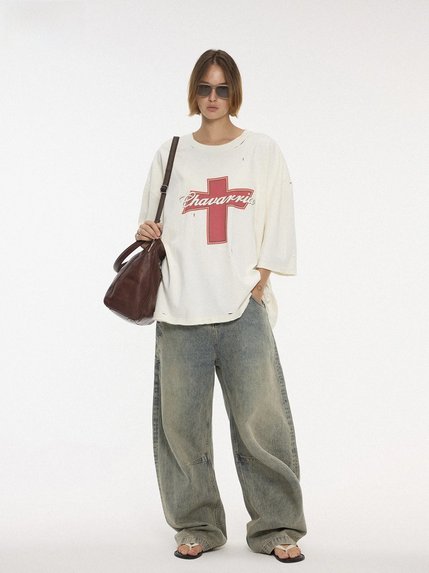 

ACSENSE Heavyweight Multi-Wa Cross Print ort Sve Tee Women's Loose Fit Cotton round Ne Print T-irt Neutral Sle