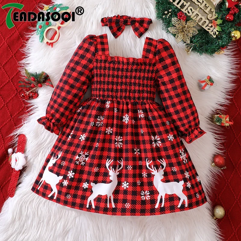 

2-7Y Kids Girls Christmas Clothing Autumn Winter Suit Long Sleeve Square Collar Red Plaid Elk Cartoon Party Dress With Headband