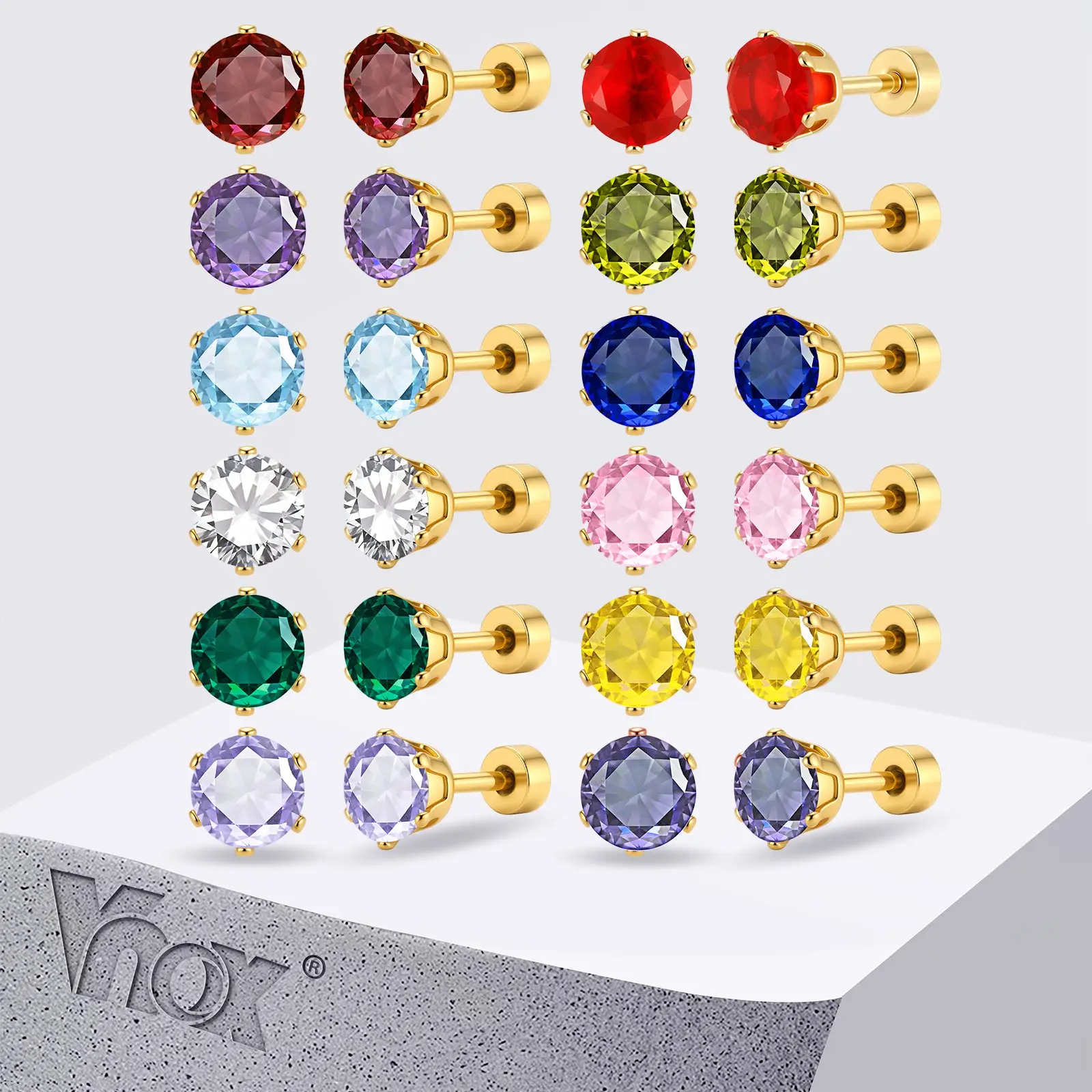Vnox Gold Plated Colorful Cubic Zirconia Stud Earring for Women Stainless Steel Birthstone Earrings Statement Jewelry No Allergy