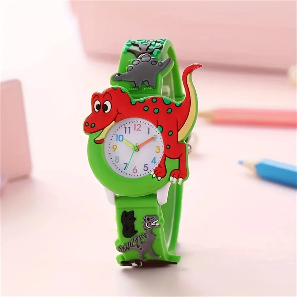 3D stereoscopic dinosaur children's watch equipped with a soft silicone strap with a cartoon style design suitable for students.