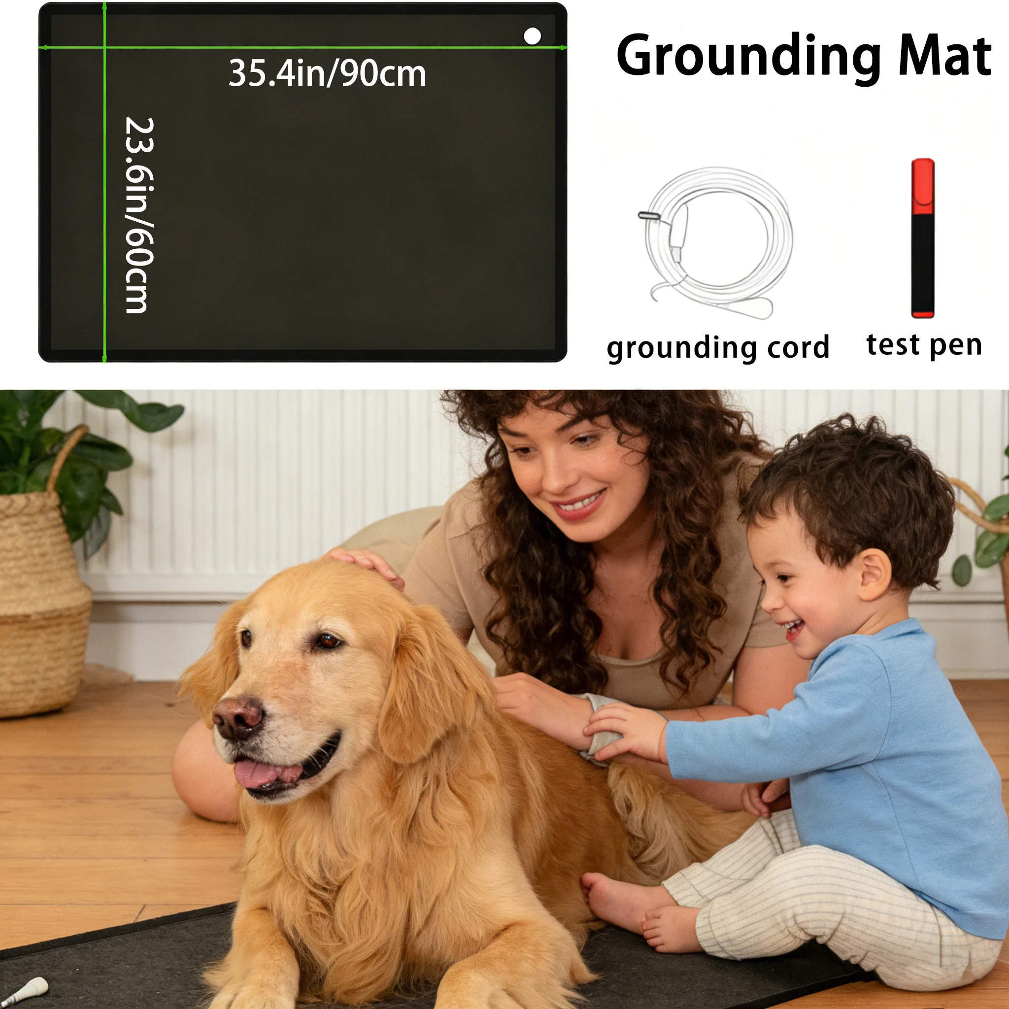 Grounding Mat 35.4x23.6 in Conductive Leather Earthing Pad, 15ft Cord, Tester, Sleep, Office, Yoga, Waterproof EMF Relief KitPro