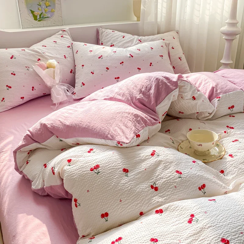 Cute Cherry Bedding Set NO Filler INS Duvet Cover Soft Single Double Quilt Cover Sheet Girls Adults Home Textiles Decor Bedroom