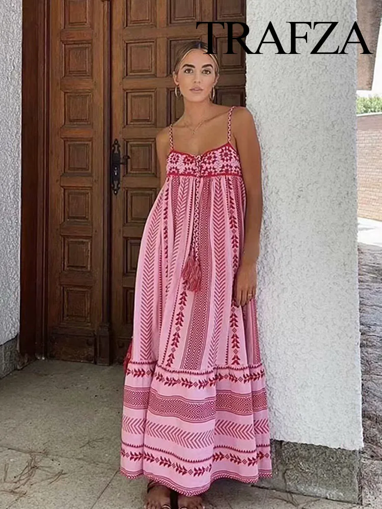 TRAFZA Women Fashion Dresses Pink Square Collar Sleeveless Backless Embroidery Decorate Female Summer Vintage Chic Long Dress