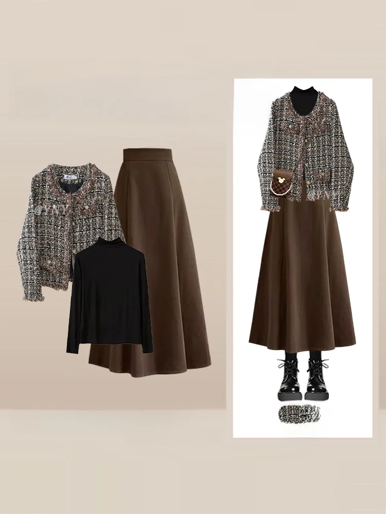 

Autumn Winter New Style Small Fragrance Wind Knitted Cardigan High Waist Skirt Set for Women Loose round Neck Contrast C...