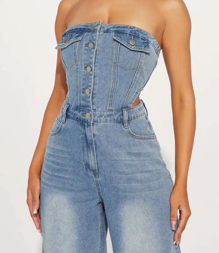 Damen-Jeansoverall, trägerlos, One-Shoulder, schmale Passform, gerades Bein, weites Bein, modische, lässige Hose mit hoher Taille