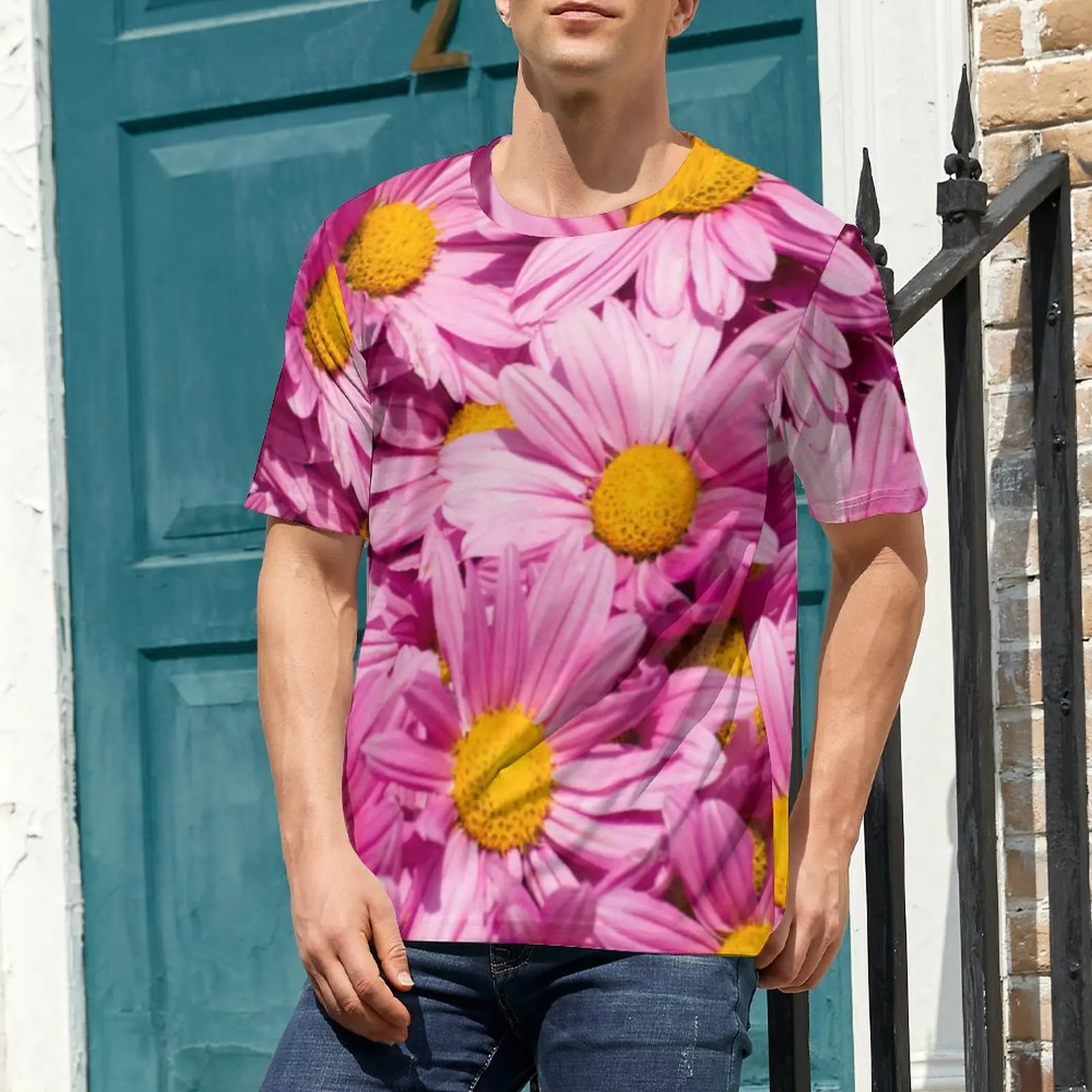 Men Pink Daisy Print T Shirt Beauty Floral Vintage T Shirts Short Sleeves Custom Tshirt Hot Sale Summer Casual Oversize Top Tees