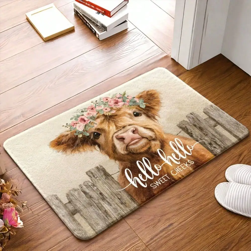 1PC, Cute Highland Cow with Flower Crown “Hello Hello Sweet Cheeks” felt floor mat Doormat, Non – slip Rubber Backing, Durable 1PC, Cute Highland Cow with Flower Crown “Hello Hello Sweet Cheeks” felt floor mat Doormat, Non – slip Rubber Backing, Durable