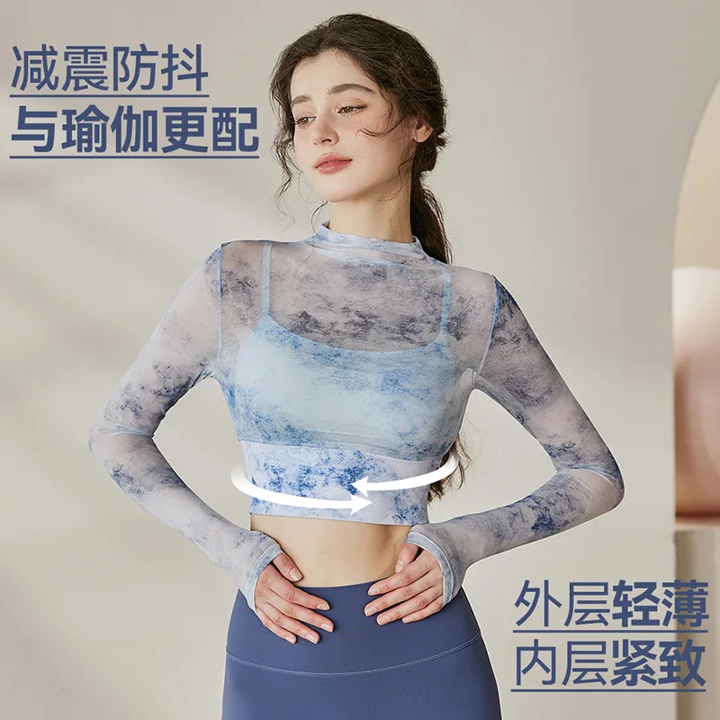 Net fabric sports fitness top Long Sleeve T-shirts Women Tie-dye Printed Sun-proof Cropped Tops Fashion Gauze Korean Style