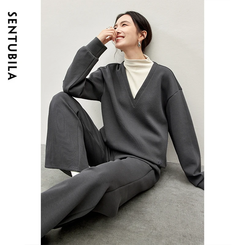 SENTUBILA Commute Cotton Pant Sets Women 2024 Winter Patchwork Spliced 2 in1 Sweatshirt Knitted Full-length Flare Pant 144Z57108