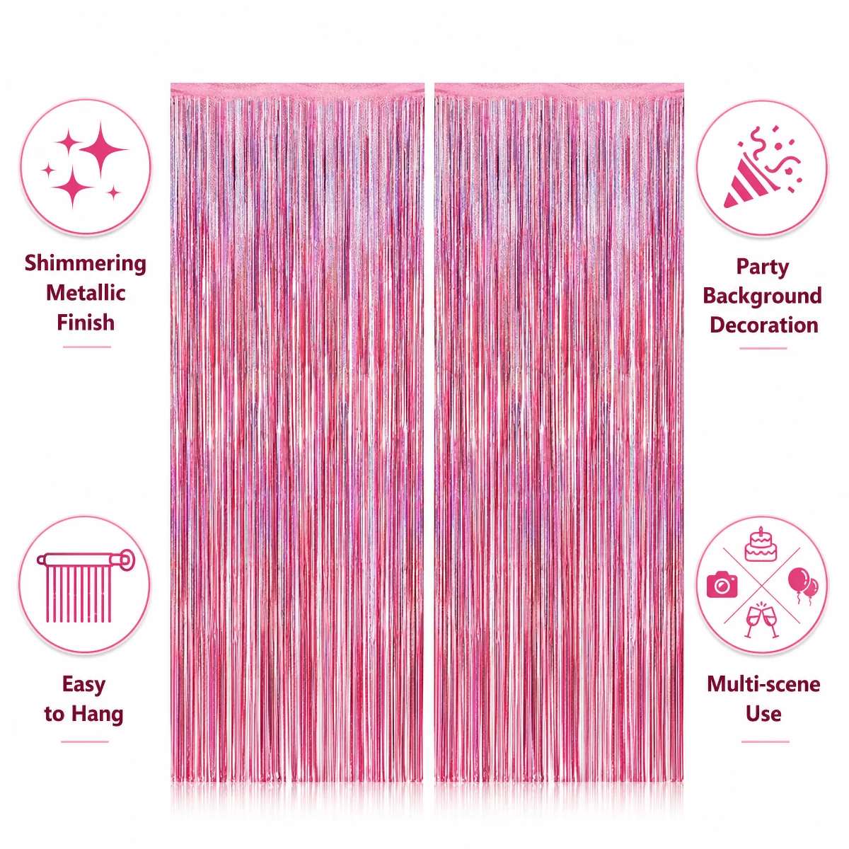 2 Stück Rosa Bedruckte Folien-Fransenvorhänge, Metallische Lametta-Hintergrundvorhänge für Partydekoration, Fotobox, Tür- und Wanddekoration – Detail 3