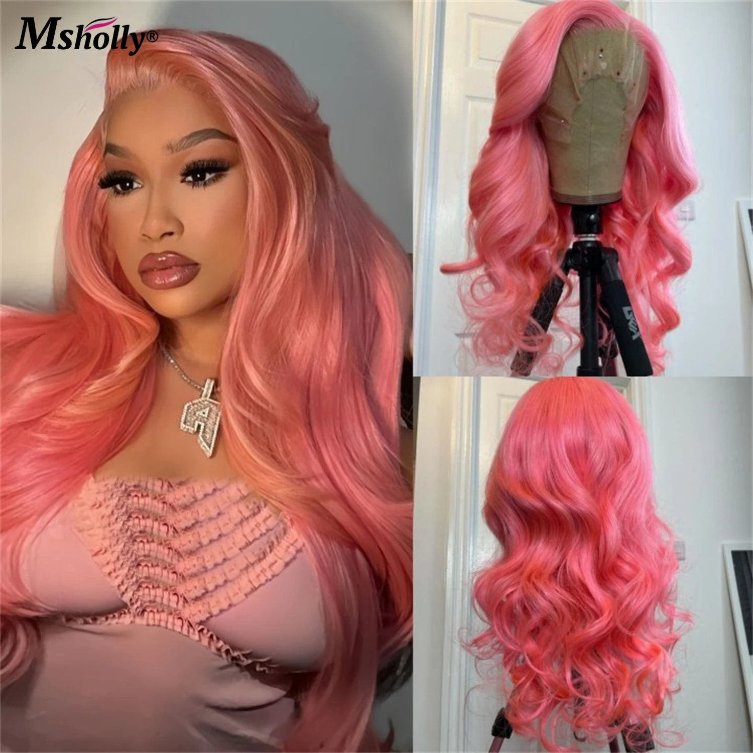 Peluca con malla Frontal ondulada rosa para fiesta de Navidad, cabello humano 13x4, peluca de cabello humano Frontal de encaje transparente transpirable prearrancada