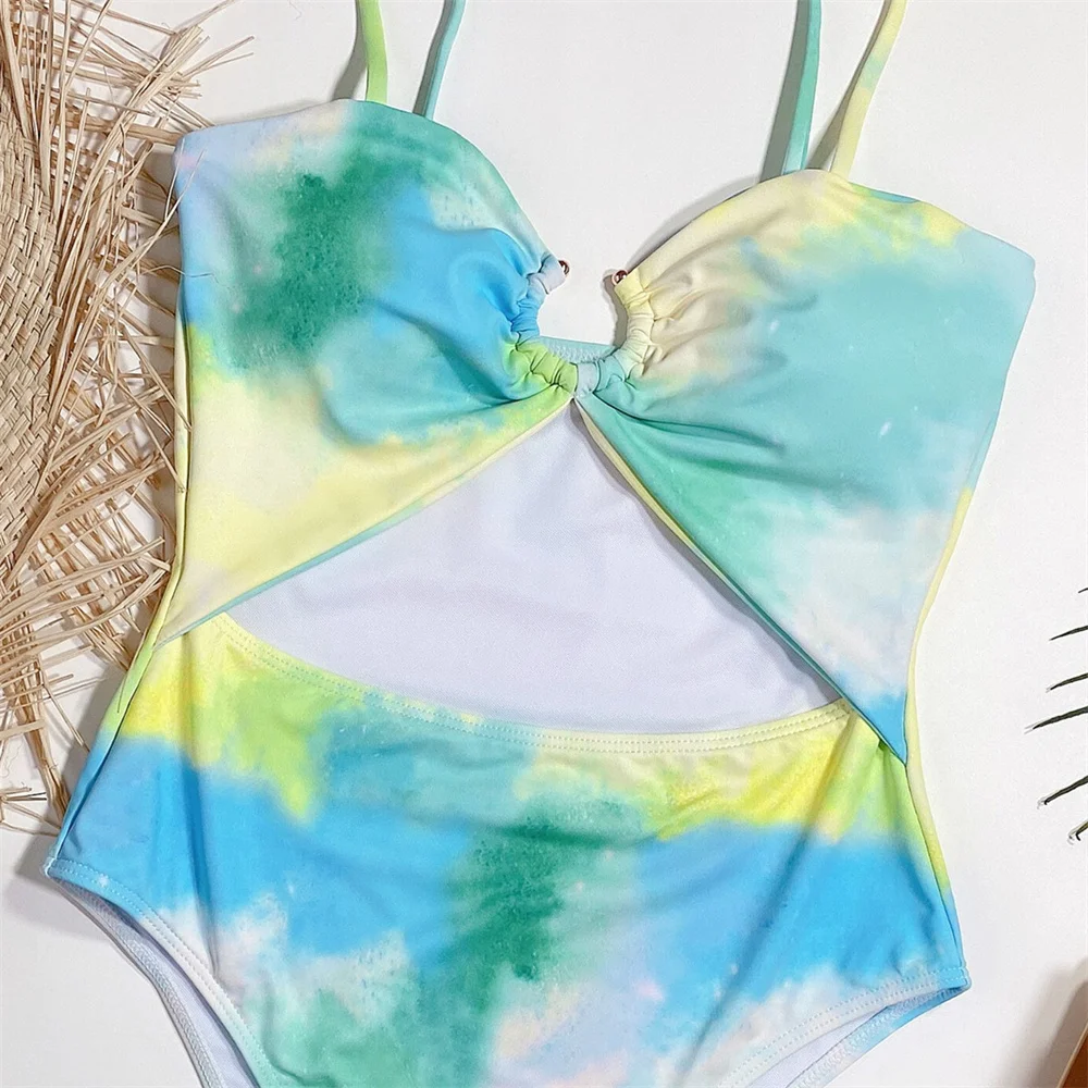 Gradient Tie Dye Bikini Hollow Out Front Sling Swimsuit Y2K Extreme Monokini Women Sexy Swimwear Beach Outfit Micro Bathing Suit