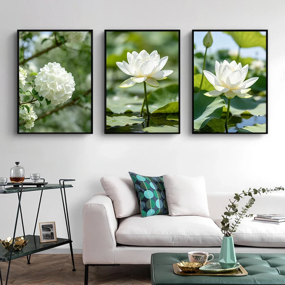Minimalist White Botanical Flower Canvas Poster Camellia Magnolia Lotus Hydrangea Nature Wall Art for Home Interior Decoration