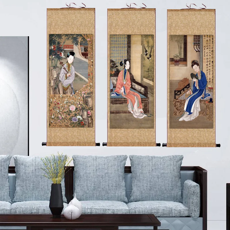 Ladies Figure Scroll Painting Silk Vintage Xuan Paper Home Office Wall Painting Canvas Posters and Prints Room Decor Aesthetic