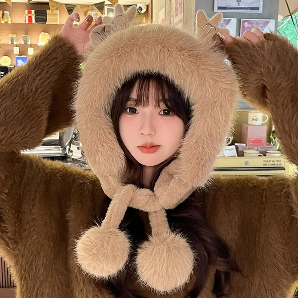 Winter Thickened With Velvet Warm Cycling Cold Hair Ball Ear Protection Hooded New Deer Antler Plush Cute Hat For Woman