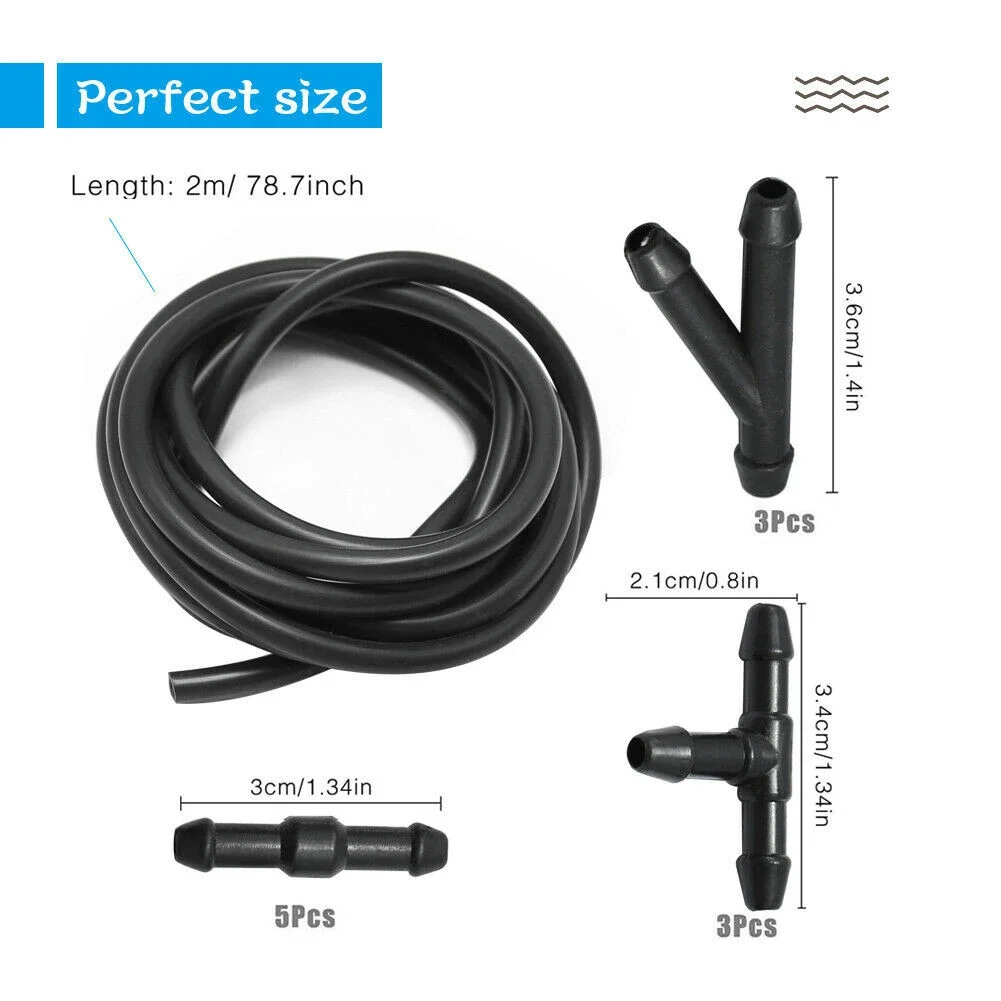 Car Windshield Washer Hose + Connector Kit T-tube Diverter Connector (2M Hose + 3 Tees + 3 Diagonal Tees + 5 Straights)