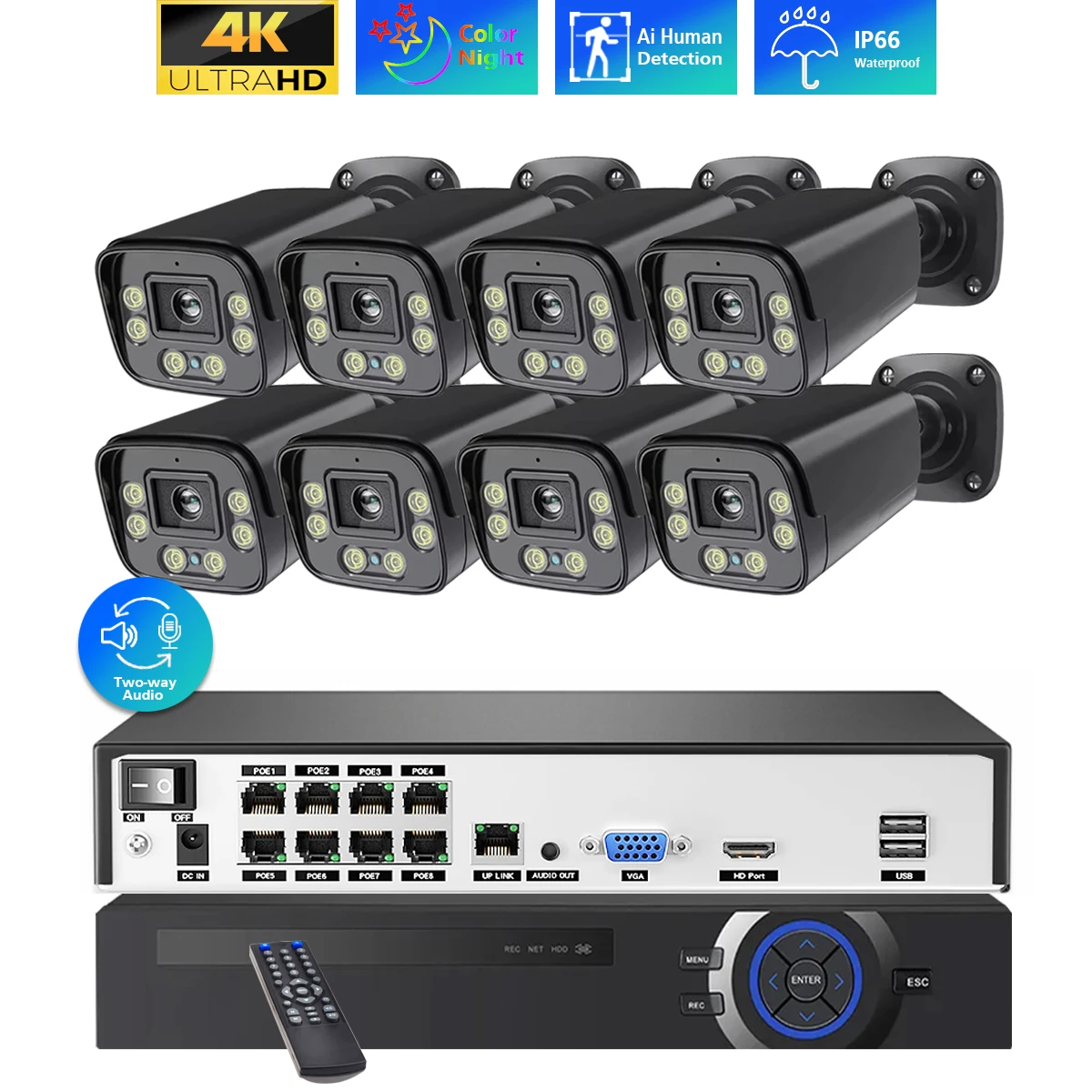 Black 8CH 4K POE CCTV Security Camera System 8MP Two Way Audio Outdoor Waterproof IP Camera Night Vision Video Surveillance Kit