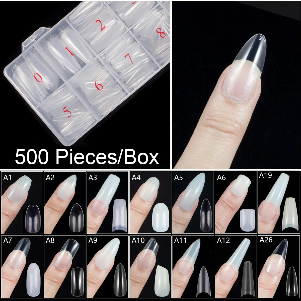 

500 Pieces/Box Coffin Ballerina Oval Round Almond Full Cover False Nail Tips Fake Nail Tips Manicure Transparent Nail Tips