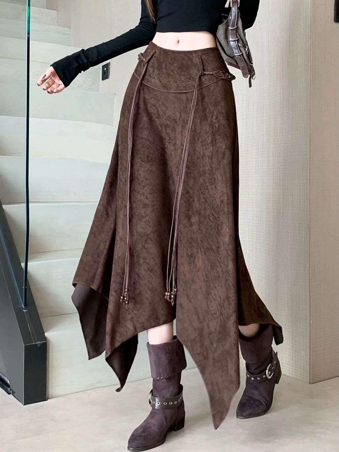 

Retro Brown ter Ne Long Dr American Sle High Waist A-Line Skirt Asymmetrical Drapey Midi Skirt Women's Faion