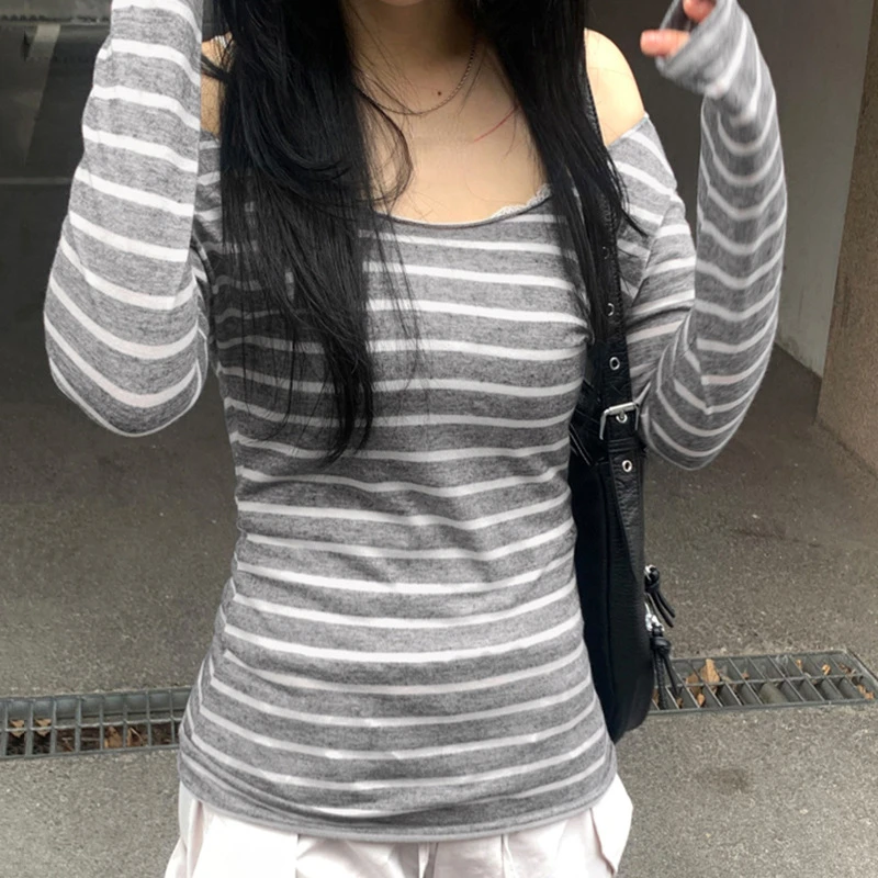 Y2k Aesthetic Stripe Slim Women Casual T-shirt Vintage Slash Neck Streetwear Grunge Tshirts Harajuku Autumn Gothic Tee Femme