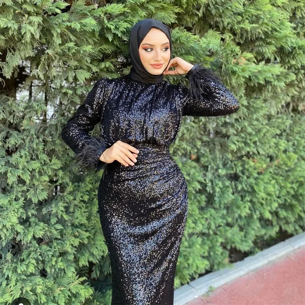 Sansa Modest High Neck فساتين سهرة Glitter Mermaid Prom Dresses Elegant Long Sleeves with Feathers Floor-Length Saudi Arabia