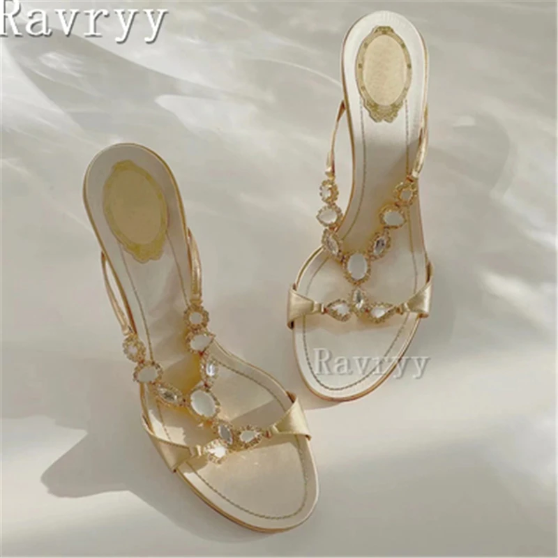 Luxury Rhinestone Stiletto Slipper Summer New Open Toe Thin High Heel Sandal for Ladies Outside Dress Party Slippers