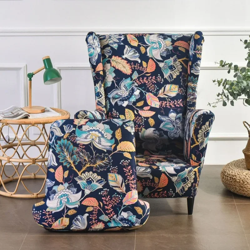 

Flower Printed Wing Chair Cover Stretch Spandex Wingback Sofa Slipcovers Elastic Relax Armchair Covers with Seat Cushion Cover