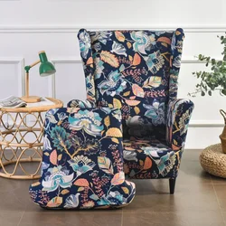 Flower Printed Wing Chair Cover Stretch Spandex Wingback Sofa Slipcovers Elastic Relax Armchair Covers with Seat Cushion Cover