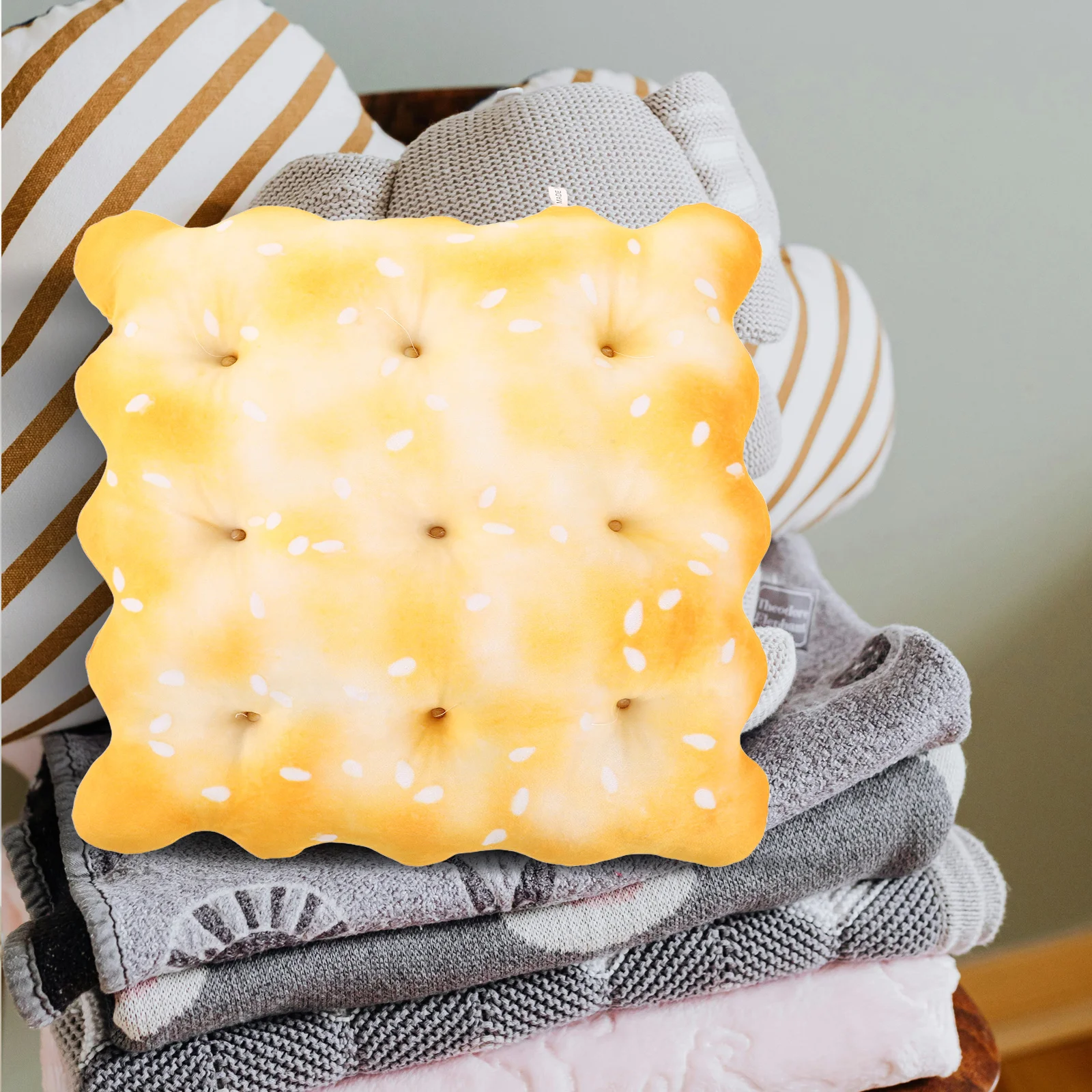 

Decorative Cookie Cushion - Cracker Shaped Comfort Pillow - Easy Clean Food Themed Pillow for Living Room Or Kids Area