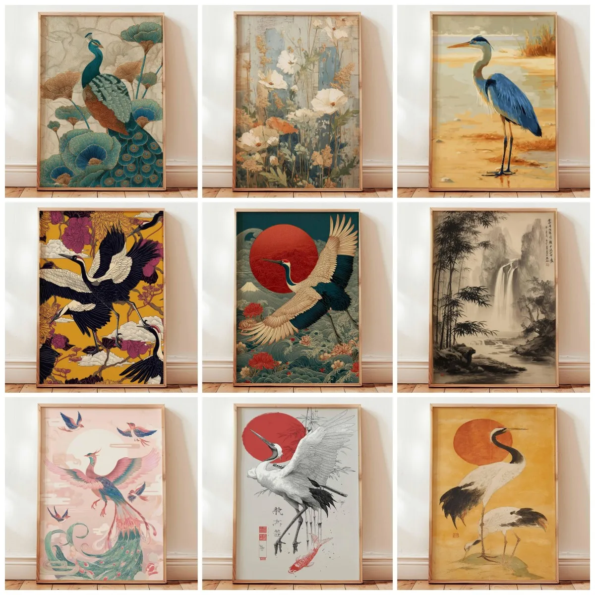 Fliegende Kraniche Poster, Japanischer Kunstdruck, Traditionelle Tuschemalerei, Elegante Vogelkunst, Natur-Wanddekoration Orientalische Landschaft