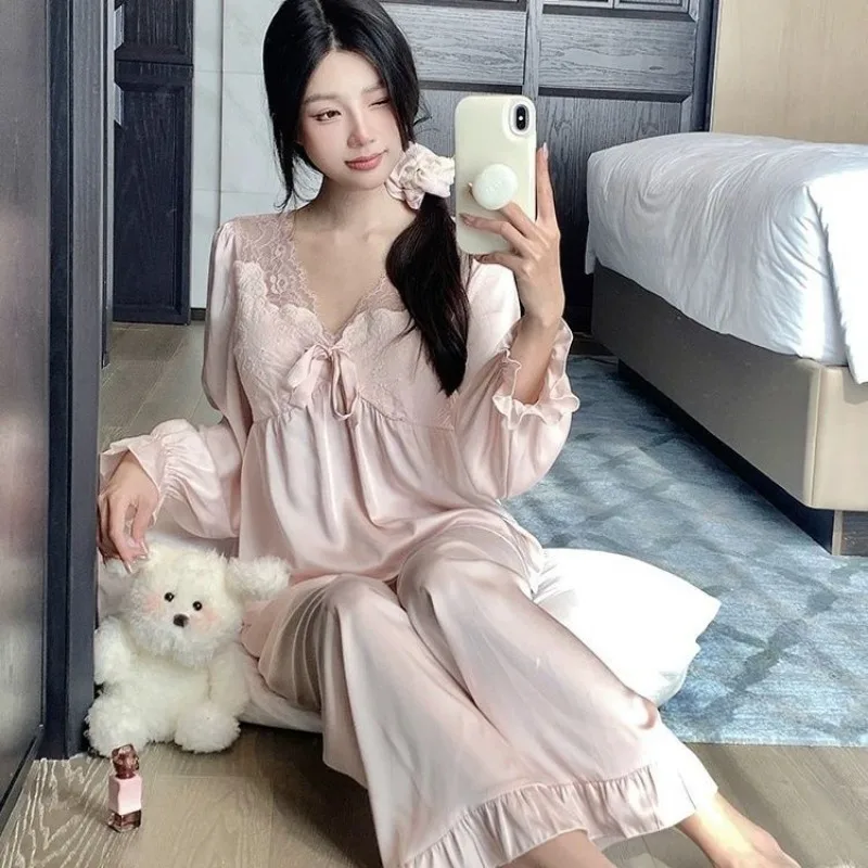 New Pajamas with Chest Pad Women Spring and Autumn Ice Silk Long Sleeve Pants Summer Anti-convex Point Thin Home Wear Comfort