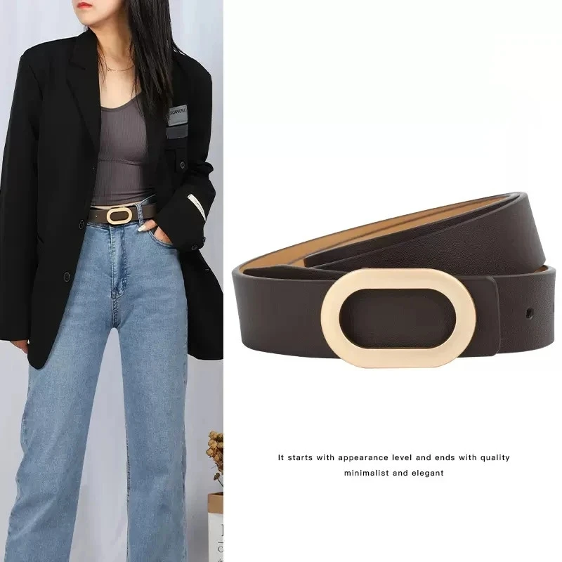 Belt For Women Round Square Buckle Pin Buckle Jeans Black Belt Chic Luxury Brand Designer Leather Belt Female