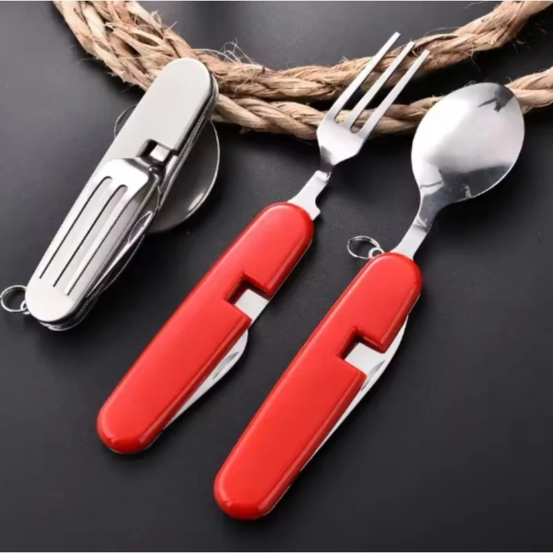 4 In 1 Folding Portable Cutlery Set Stainless Steel Spoon Fork Knife Combo Mini Compact Travel Camping Picnic Reusable Tableware