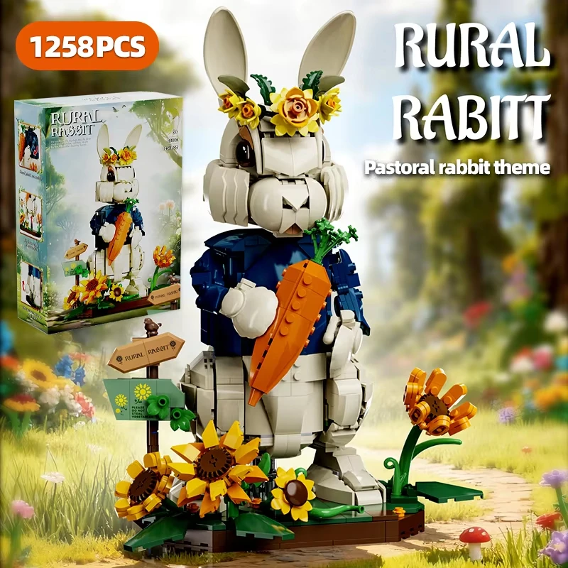 

1258Pcs Pastoral Rabbit Animal Figrues Building Blocks Home Decoration Rural Flowers Rabbit Assemble Toys Children Gift