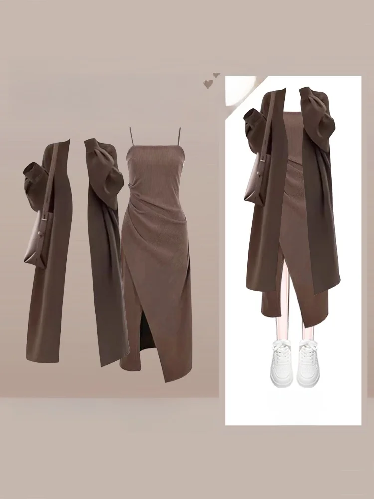 

Autumn Fashion Women's Long Sleeve Knitted Sweater Coat Set Waist Cinched Strap Dress Ensemble Lazy Style Casual Wear
