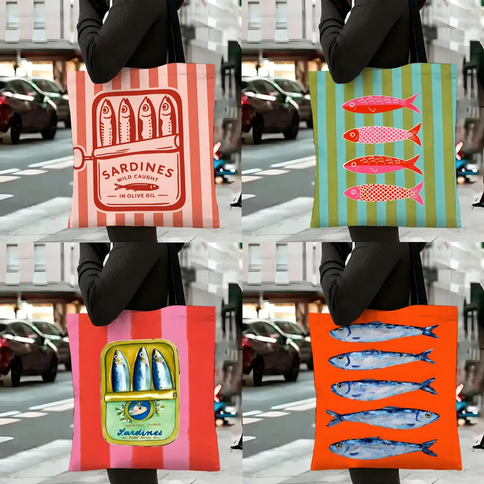 Bolsas de Almacenamiento Sardina ART, Bolso Casual Estampado, Mochila Reutilizable a la Moda, Bolso Multifuncional, Bolsa de Compras de Lona