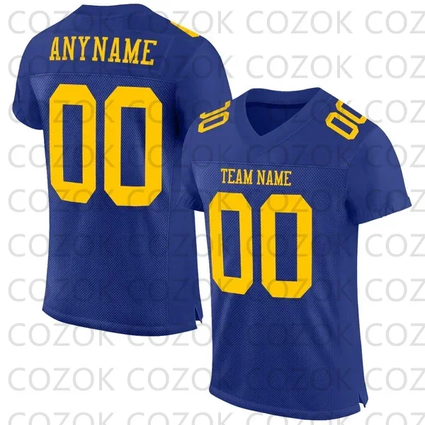 

Custome Dark Blue Yellow Color Football Jerseys for Men Women Unisex Football Short Sleeves Athletic Tee Shirts