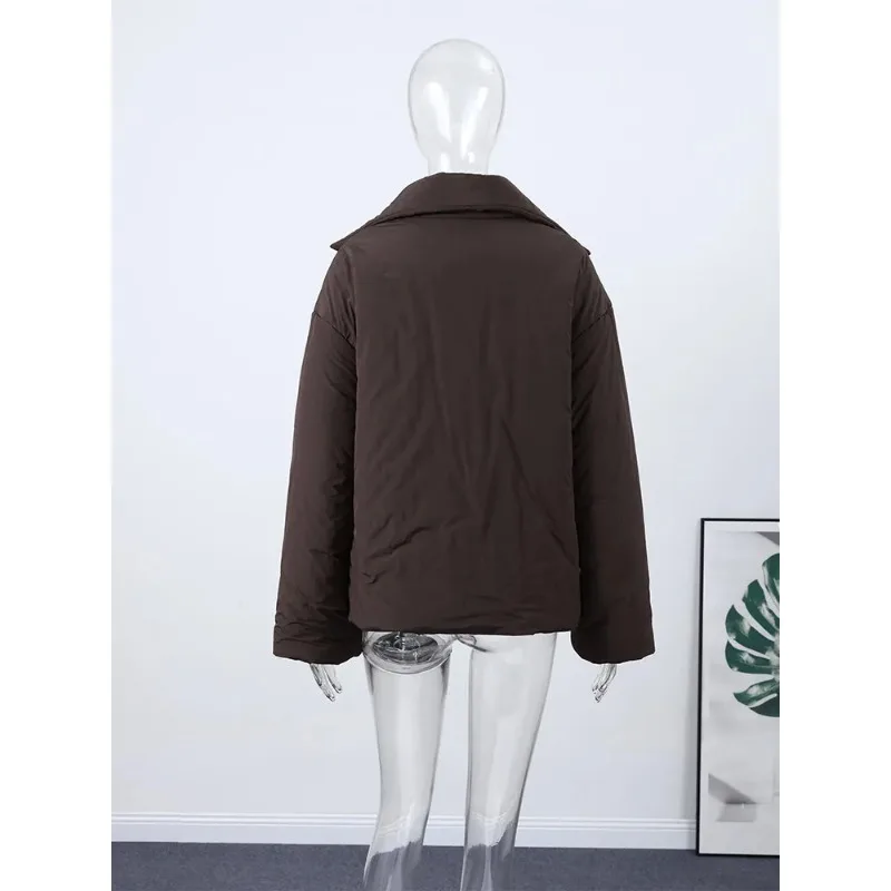 Jaquetas de inverno marrons femininas gola engrossar manga cheia casacos de algodão acolchoados 2025 moda senhora casual quente solto outwear