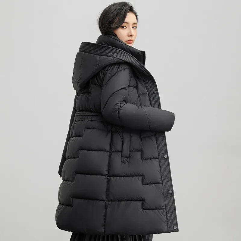 2026 شتاء جديد الوقوف طوق أسفل سترة قطن المرأة موضة سليم سميكة معطف مقنع الإناث الدانتيل يصل معطف باركر طويل دافئ