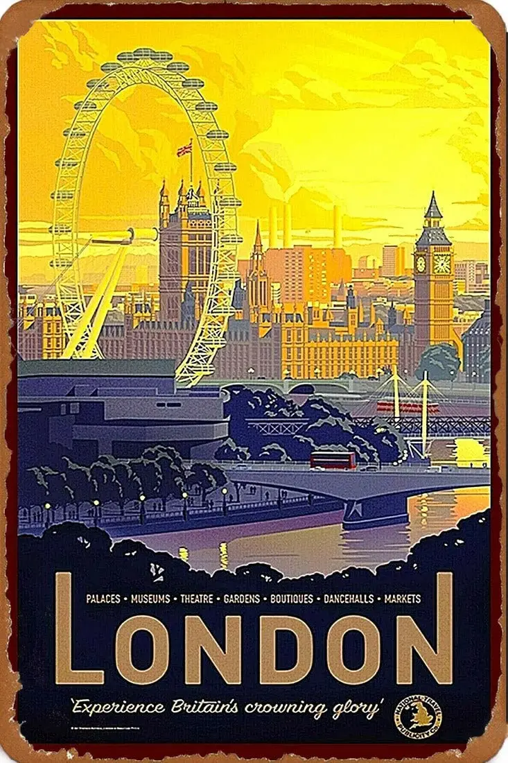 Muroanmi Retro Metal Poster Vintage Tin Sign Metal Plate London Britains Crowning Glory Vintage Travel Advertisement Art