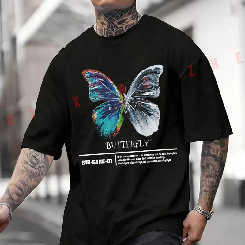 Butterfly Graphic Design Motorcycle Printed T-Shirt Men's Fashion Short Sleeve Exquisite Design Essential Top Tees